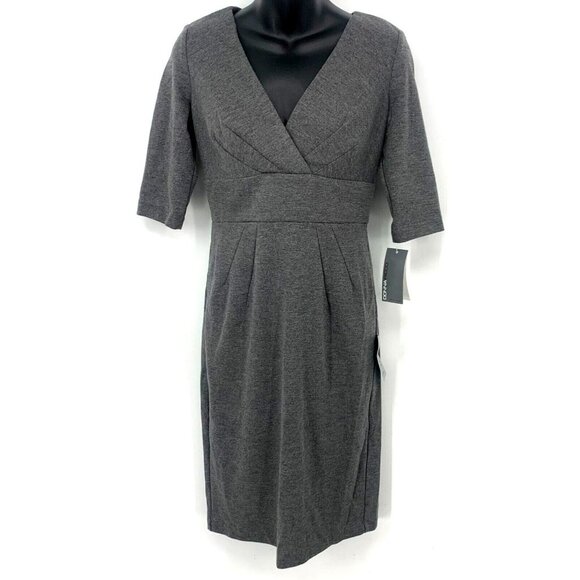 Donna Ricco Dress Size 4 Grey Short Sleeve V Neck Empire Waist Sheath Women New - Picture 1 of 8